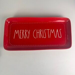 Rae Dunn Merry Christmas Red Ceramic Rectangular Serving Platter Tray Magenta